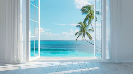 Beautiful view from the window to the sea and blue sky.