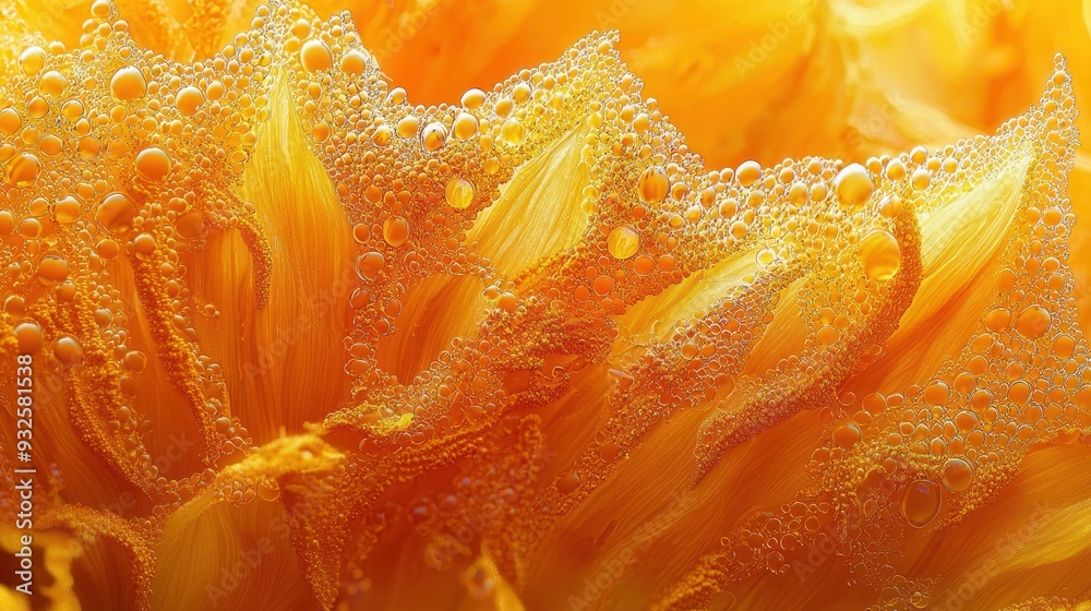 Sticker abstract orange flower with water bubbles close up macro photography