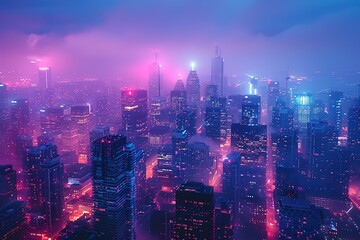 Fototapeta premium A city skyline is lit up in neon colors, creating a vibrant
