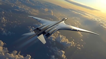 Hypersonic aircraft soaring above clouds with sleek aerodynamic design and vapor trails for representation of extreme speed futuristic aviation and cutting-edge aerospace innovation concept.