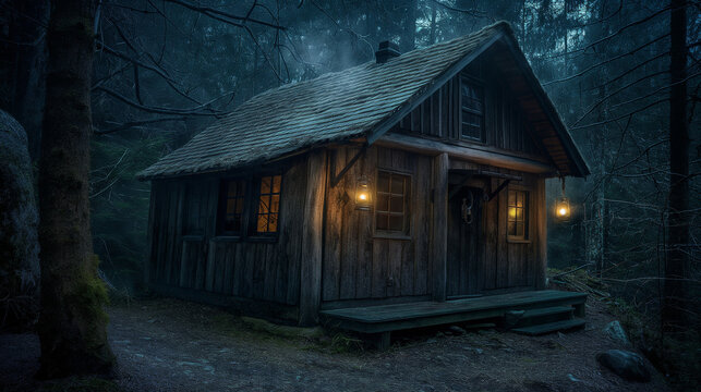 Mysterious Log Cabin in the Foggy Woods at Night