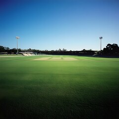 Fototapeta premium A well maintained cricket pitch situated in the center of a spacious stadium surrounded by stands for spectators to enjoy the match or tournament The pitch is ready for an exciting cricket event
