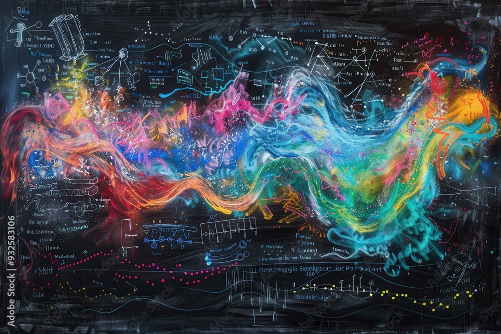 Fototapete a vibrant chalkboard with colorful waves of chalk and integrated scientific formulas creates a dynam