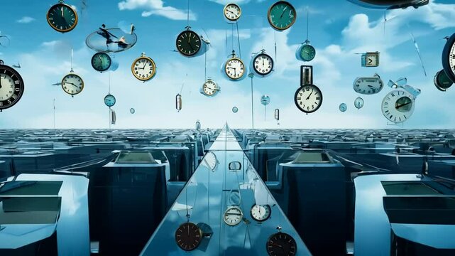 Clocks Suspended in a Surreal Landscape of Reflective Surfaces Generative AI