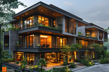 Fototapeta premium A large, modern house with a lot of windows and a balcony