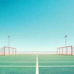 Fototapeta premium Lacrosse Field with Marked Lines and Goals for Competitive Team Play Against a Clear Sky Background