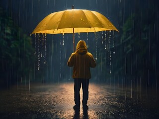 "A person holding an umbrella in a light rain, but instead of water, the raindrops are tiny, glowing symbols of different emotions, gently landing on the umbrella and changing its color.