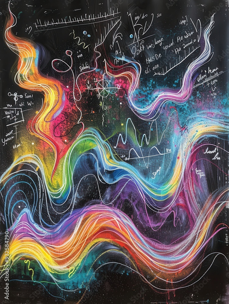 Poster Vibrant chalk strokes wave across a blackboard, expertly merging colorful patterns with scientific formulas and diagrams in an artistic display. Generative AI