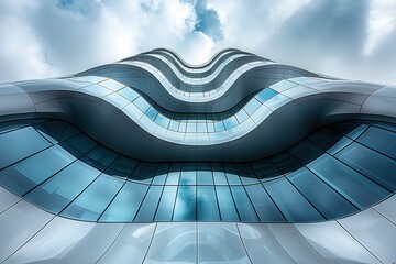 A tall building with a unique design, featuring a series of curves and angles