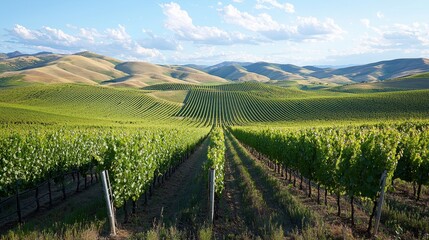 Fototapeta premium Green Vineyard Rows with Mountain Background under Blue Sky