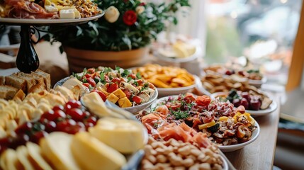 Fototapeta premium Appetizer Buffet with Cheese, Fruit, and Meat