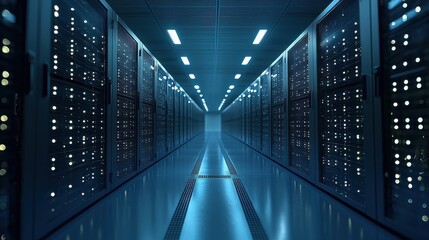 A futuristic data center with rows of servers extending into the distance, each server unit blinking with tiny lights, indicating constant processing, the air filled with a soft hum, the scene bathed