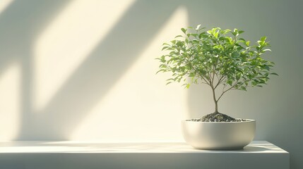 Fototapeta premium Minimalist Green Plant in White Pot with Sunbeams