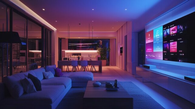 A futuristic smart home living room equipped with AI-driven technology, where a person uses voice commands to control lighting, temperature, and entertainment options, the room softly lit by ambient