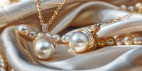 A pair of pearl earrings and a necklace are displayed on a white cloth. The earrings are large and shiny, while the necklace is smaller and more delicate. The overall effect is elegant