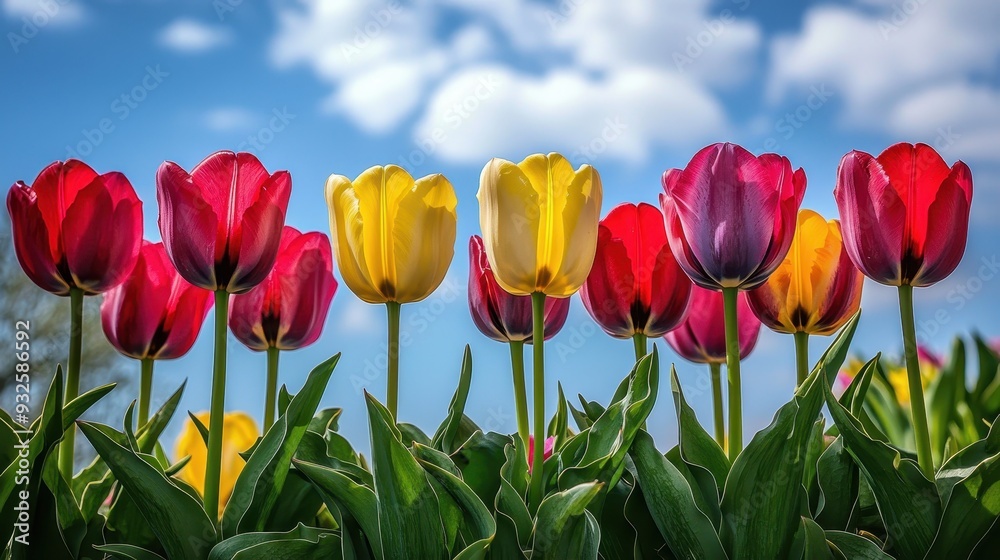 Poster Colorful Tulips Blooming Against a Blue Sky