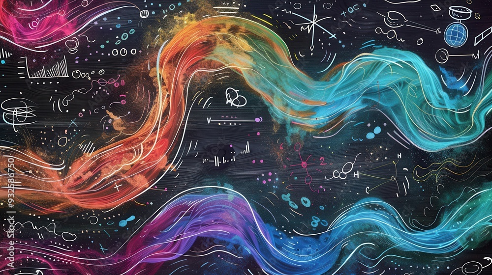 Fototapete a vibrant chalkboard displays colorful waves of chalk strokes, seamlessly integrating scientific for