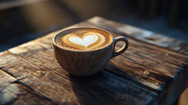 Kaffeeorta mit Herzschatz auf altert&uuml;mlichem Tisch