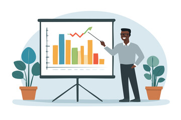 A man presenting in a meeting, showing graph on the white screen and on a. white background.