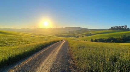 Naklejka premium Winding Country Road Through Rolling Green Hills at Sunset