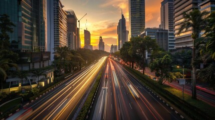 Fototapeta premium Cityscape with traffic and sunset