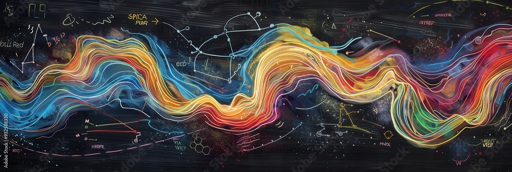 Poster vibrant chalk strokes flow across a chalkboard, blending colors and subtly incorporating scientific 