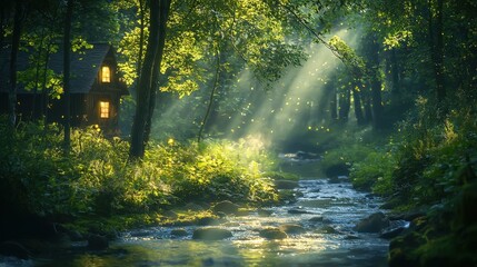 Fototapeta premium Magical Forest Cabin by the Stream with Fireflies