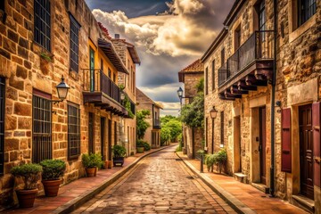 Fototapeta premium Explore the rich history of our heritage trail, featuring charming colonial architecture, culturally significant landmarks, and stunning stone and brick structures, bathed in warm sepia tones.