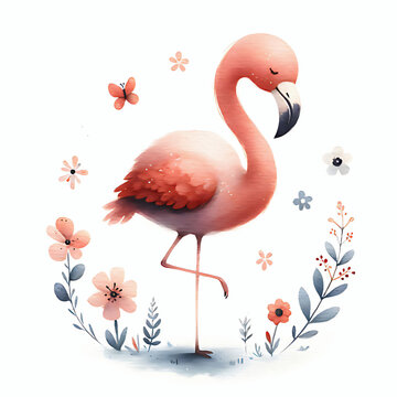 recommend clip art: Cute baby pink flamingo floral illustration, tropical bird design