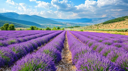 Lavender Field Landscape with Mountains and Clouds