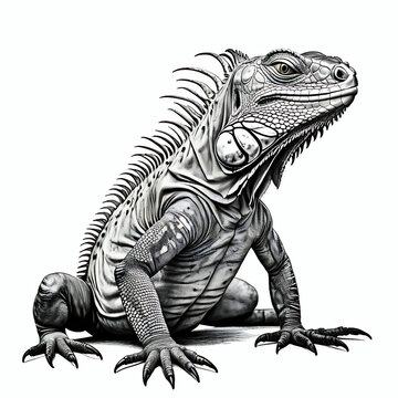 recommend clip art: Black and white iguana portrait silhouette illustration, reptile lizard outline on white background