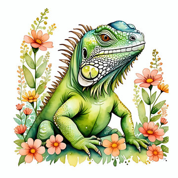 watercolor green iguana with flowers clip art preview