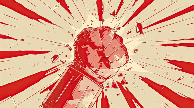 A gloved fist punching through a red and white radial pattern