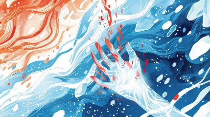 Abstract Watercolor Painting with White Hand Reaching from Blue to Orange Swirls