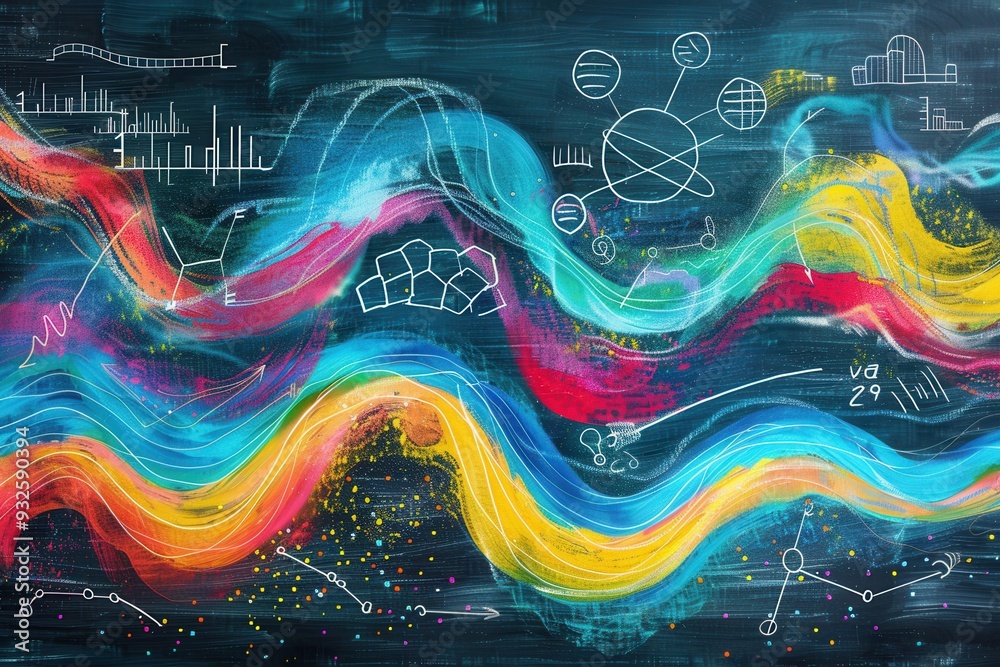 Poster A chalkboard decorated with colorful waves of chalk and intricate scientific diagrams and formulas enhances the learning environment. Generative AI