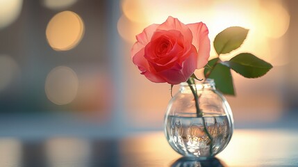 Single Pink Rose in Glass Vase with Bokeh Background
