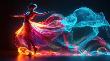 A dancer made of swirling ribbons of light and color, embodying freeflowing creative expression, Expression, Fluid representation of imagination