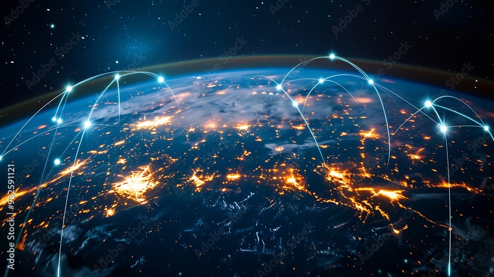 Poster artistic representation of earth from space, showing glowing lines connecting various points around 