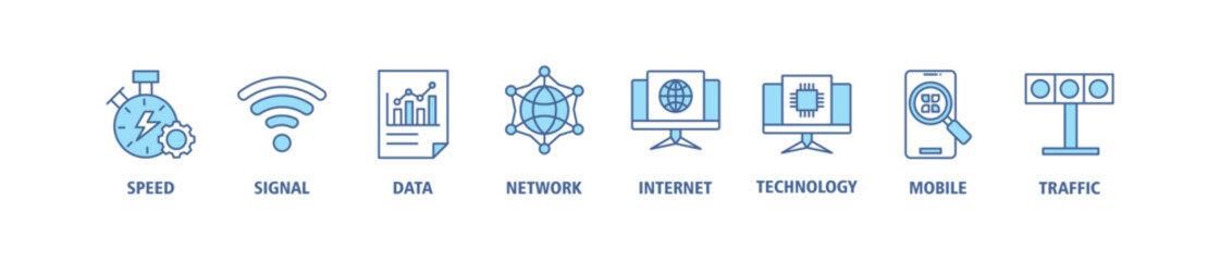 5G banner web icon set vector symbol illustration concept with icon of speed, signal, data, network, internet, technology, mobile and traffic icons symbol live stroke editable