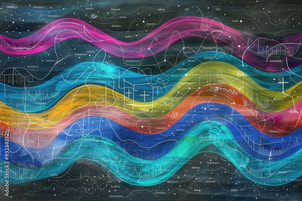 Fototapete a dynamic chalkboard displays colorful waves with intricate scientific formulas and diagrams woven i