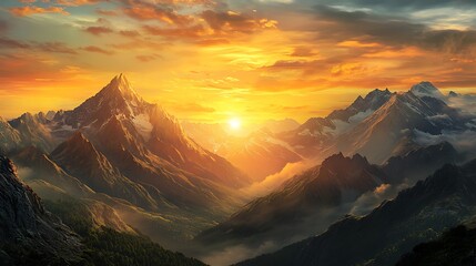 Majestic mountain range at sunset, bathed in golden light, with clouds and a valley below.