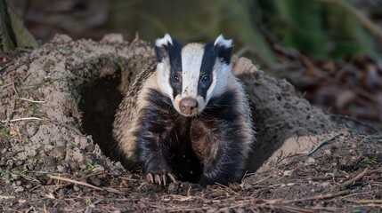 Wildlife image of a badger emerging from its burrow at dusk