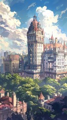 Fototapeta premium A stunning view of sophisticated anime-themed five-star hotel buildings rising above a lush landscape in a bustling urban setting