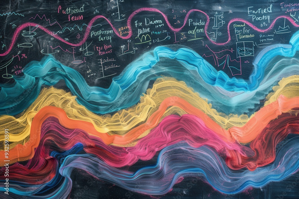 Fototapete Vibrant waves of chalk strokes blend with scientific formulas and diagrams on a chalkboard, creating an engaging educational backdrop for learning. Generative AI