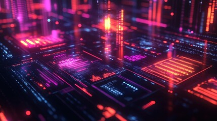 Innovative Futuristic Business Plan with Holographic Financial Statements and Neon Grids in a Digital Interface. Cutting-Edge Conceptual Design Showcasing Modern Financial Data Visualization.