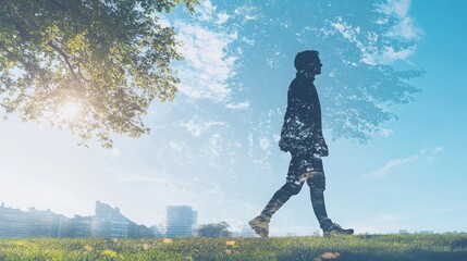 Person strolling in a park, blended with a serene blue sky, creating a dreamlike atmosphere, ample space for text integration, inviting a sense of calm and reflection.