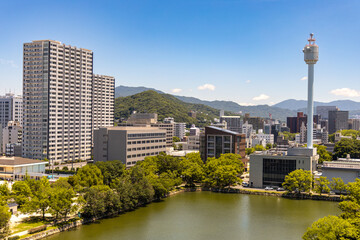 Hiroshima panoramic view. A city view of Hiroshima, from the old Hiroshima Castle, Japan