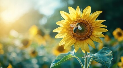 Obraz premium Bee Pollinating Sunflower in a Field