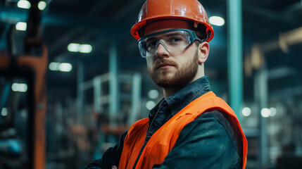 Contractor in Safety Gear and Hard Hat Working on a U.S. Manufacturing Project