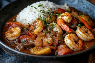 Fototapeta premium Shrimp, Vegetable, and Rice Dish in a Black Bowl
